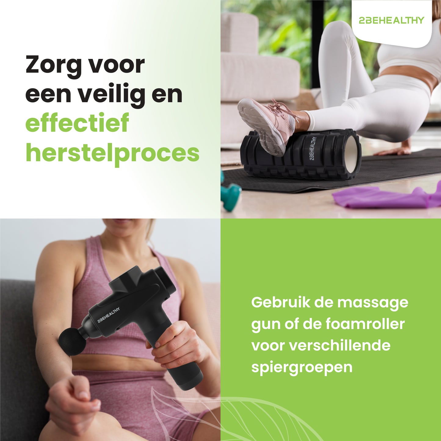 2BEHEALTHY® Massage Gun Professioneel + Foam Roller - Incl. 6 Opzetstukken en 30 Massagestanden