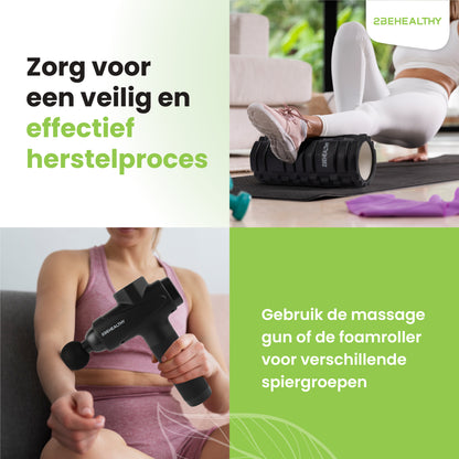 2BEHEALTHY® Massage Gun Professioneel + Foam Roller - Incl. 6 Opzetstukken en 30 Massagestanden