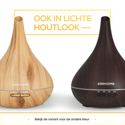 2BEHOME® Aroma Diffuser 550ML met Afstandsbediening - Incl. 16 Etherische Oliën - Donkere Houtlook - 7 LED Kleuren - Aromadiffuser Luchtbevochtiger - Geurverspreider
