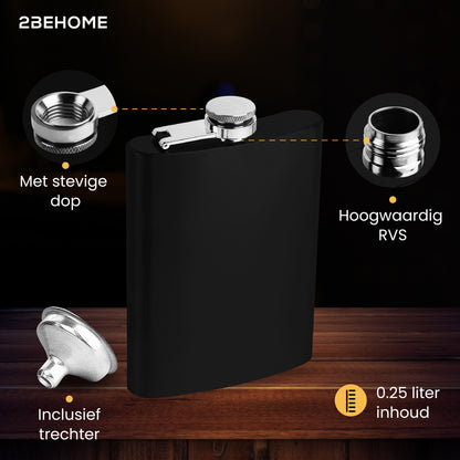 2BEHOME® Heupfles met luxe opbergdoos inclusief 2 shotglazen en Trechter - RVS - Veldfles - Heupflacon - Zwart