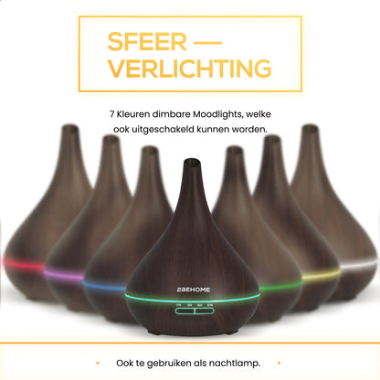 2BEHOME® Aroma Diffuser 550ML met Afstandsbediening - Incl. 16 Etherische Oliën - Donkere Houtlook - 7 LED Kleuren - Aromadiffuser Luchtbevochtiger - Geurverspreider