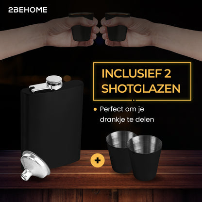 2BEHOME® Heupfles met luxe opbergdoos inclusief 2 shotglazen en Trechter - RVS - Veldfles - Heupflacon - Zwart