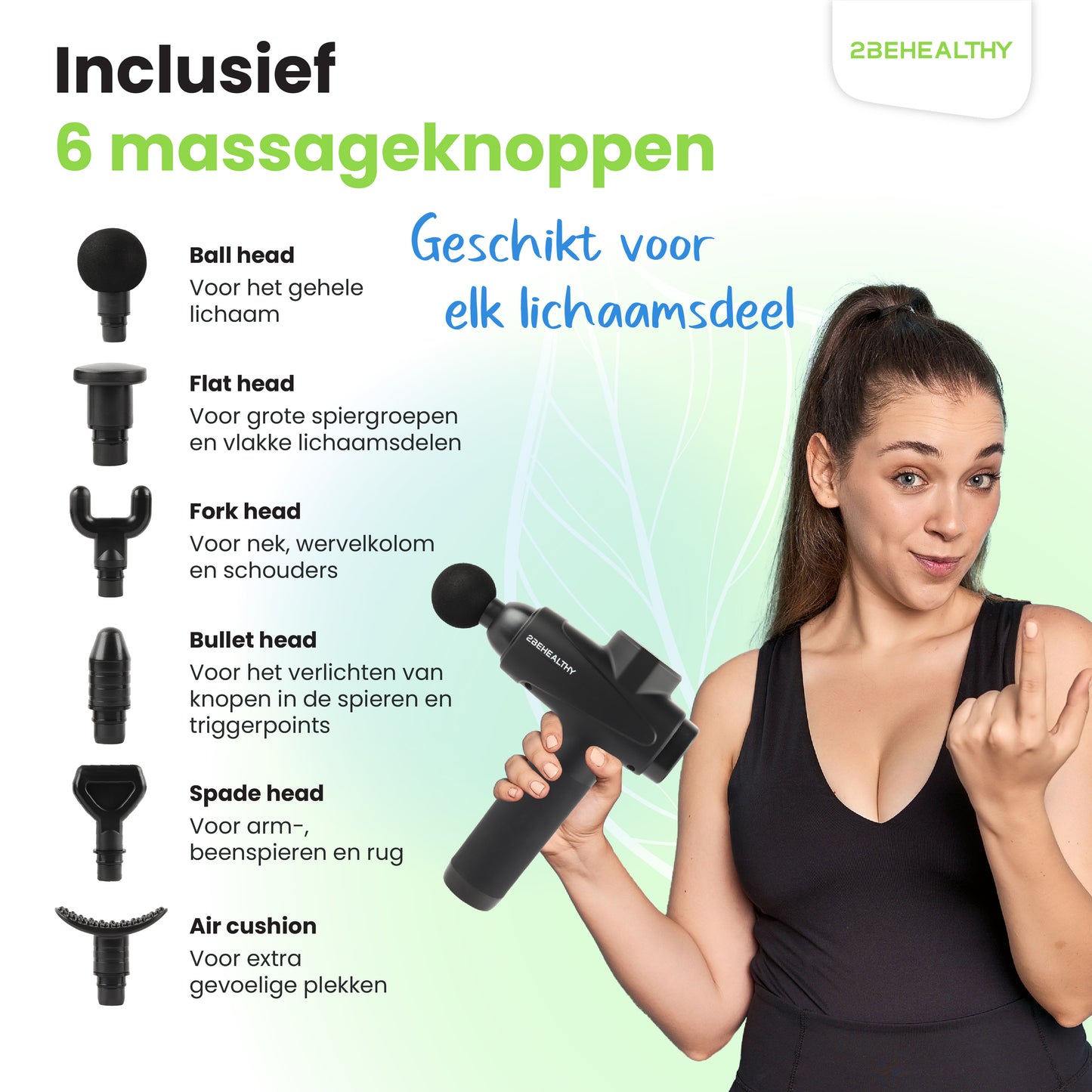 2BEHEALTHY® Massage Gun Professioneel - Incl. 6 Opzetstukken en 30 Massagestanden - 8 Uur Batterij - Sport en Relax Massage Pistool