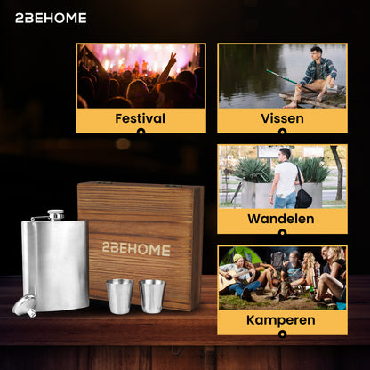 2BEHOME® Heupfles met luxe opbergdoos inclusief 2 shotglazen en Trechter - RVS - Veldfles - Heupflacon - Zilver