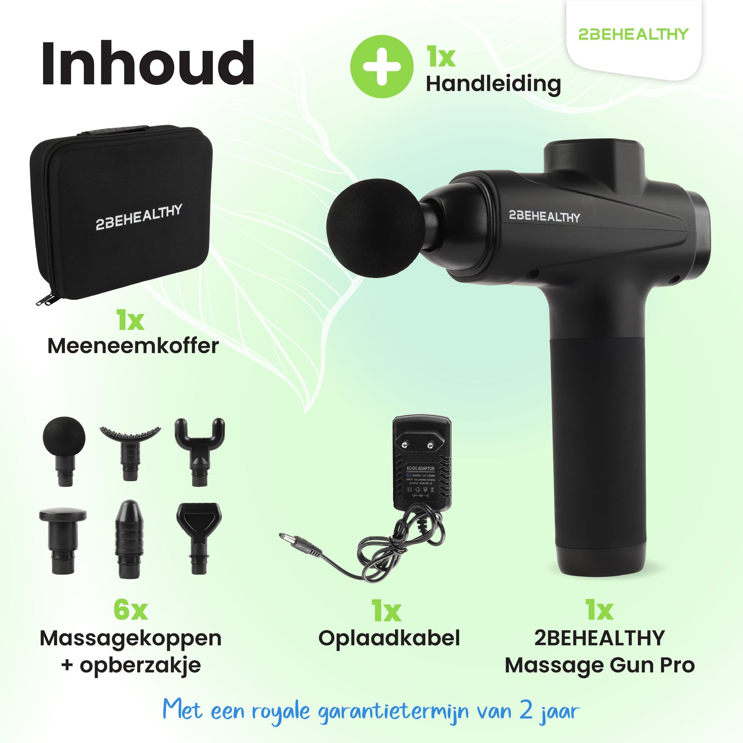 2BEHEALTHY® Massage Gun Professioneel - Incl. 6 Opzetstukken en 30 Massagestanden - 8 Uur Batterij - Sport en Relax Massage Pistool