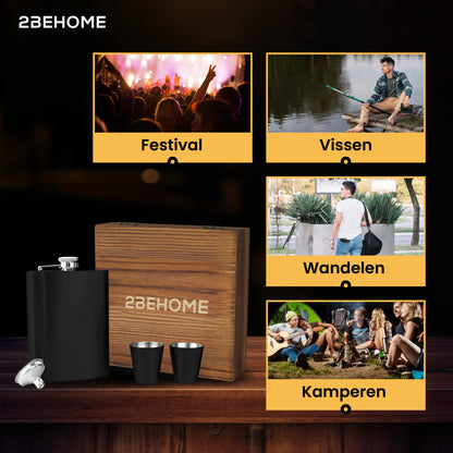 2BEHOME® Heupfles met luxe opbergdoos inclusief 2 shotglazen en Trechter - RVS - Veldfles - Heupflacon - Zwart
