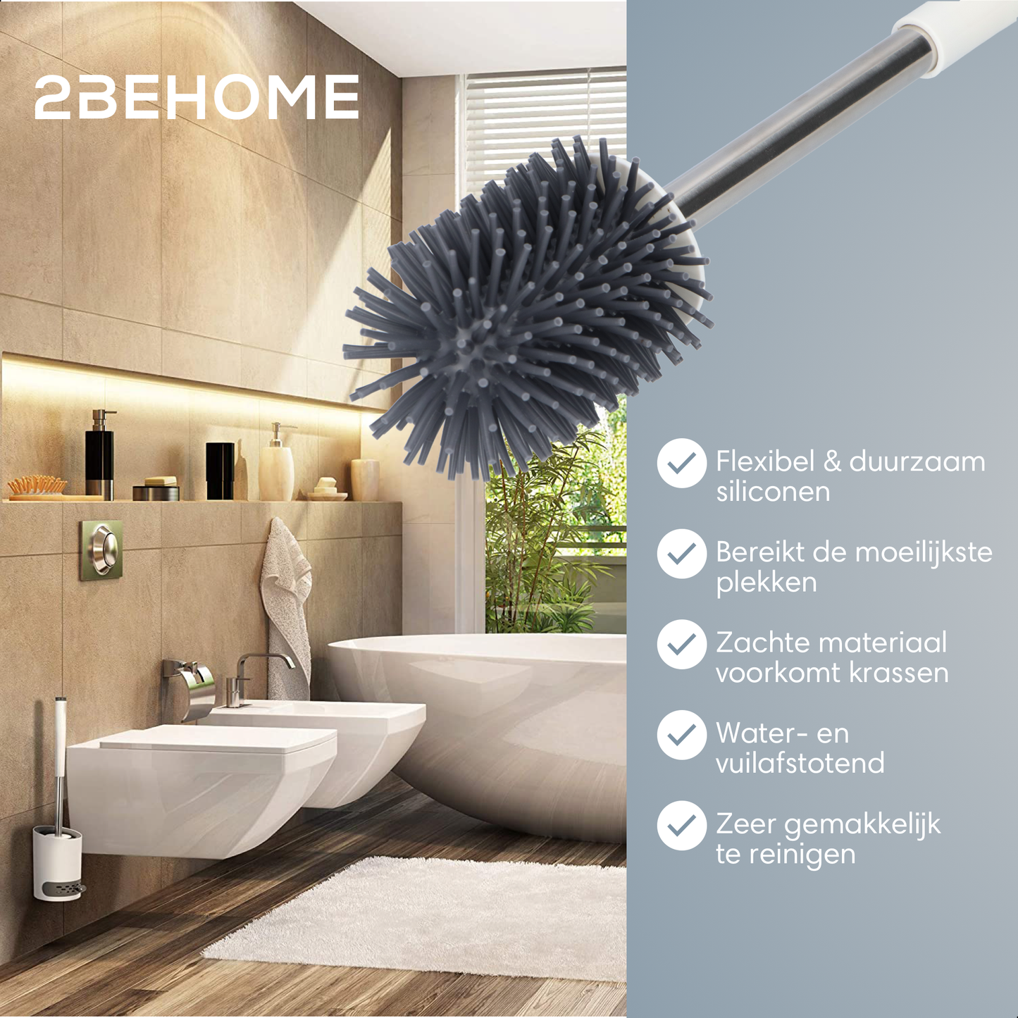 2BEHOME® Luxe Wc Borstel Met Houder - Toiletborstel Met Houder Hangend of Vrijstaand - Wit