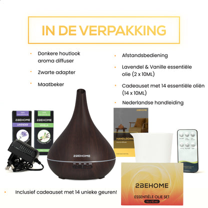 2BEHOME® Aroma Diffuser 550ML met Afstandsbediening - Incl. 16 Etherische Oliën - Donkere Houtlook - 7 LED Kleuren - Aromadiffuser Luchtbevochtiger - Geurverspreider