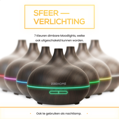 2BEHOME® Aroma Diffuser 550ML met Afstandsbediening - Incl. 2 Etherische Oliën - Donkere houtlook