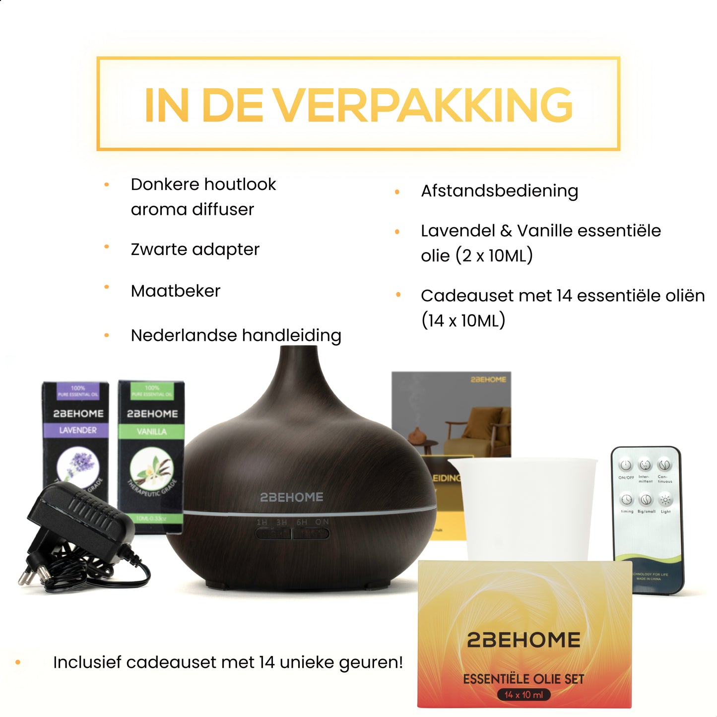 2BEHOME® Aroma Diffuser 550ML met Afstandsbediening - Incl. 16 Etherische Oliën Cadeauset - Donkere houtlook