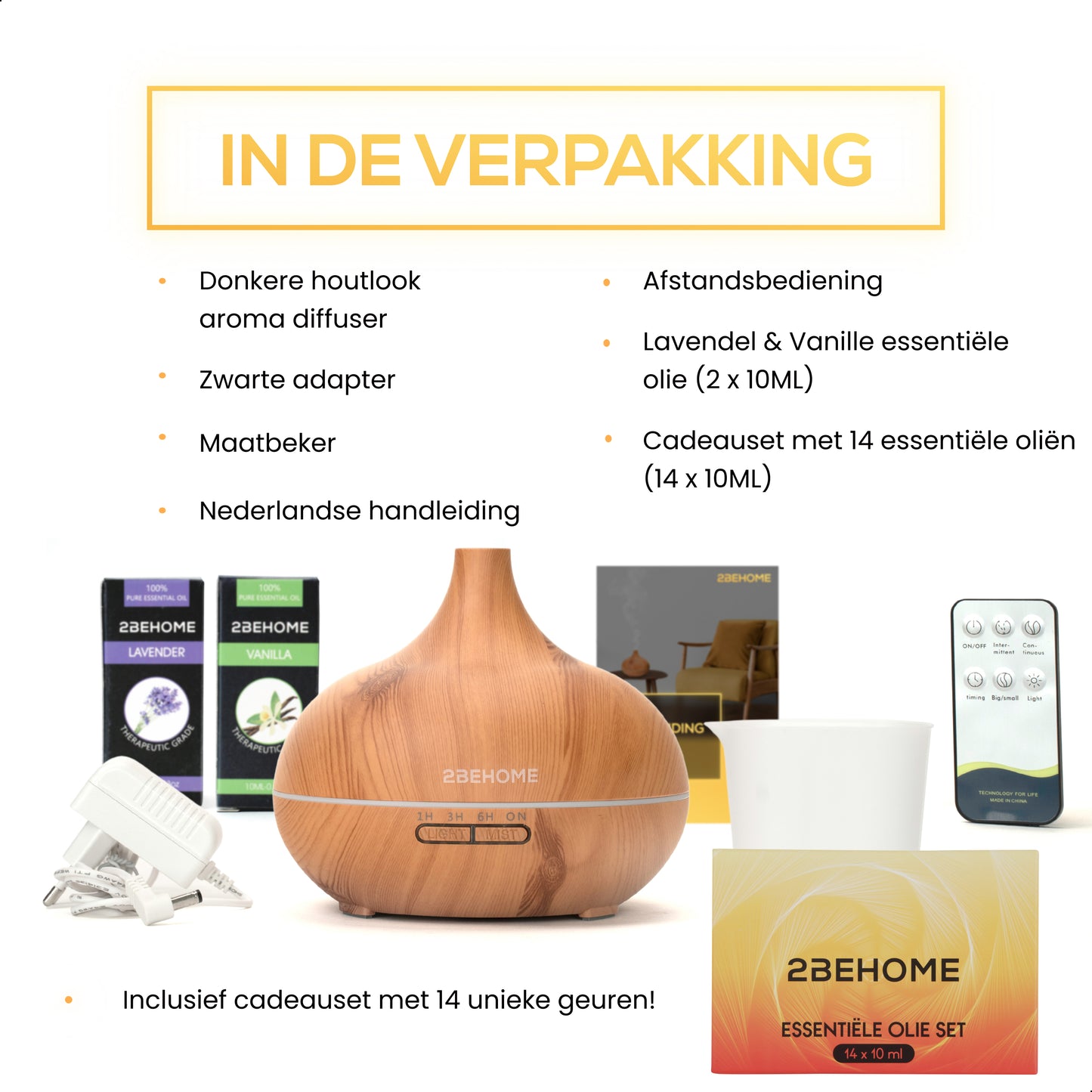 2BEHOME® Aroma Diffuser 550ML met Afstandsbediening - Incl. 16 Etherische Oliën Cadeauset - Lichte houtlook