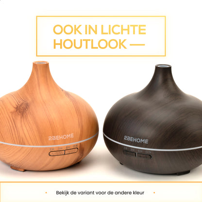 2BEHOME® Aroma Diffuser 550ML met Afstandsbediening - Incl. 2 Etherische Oliën - Donkere houtlook