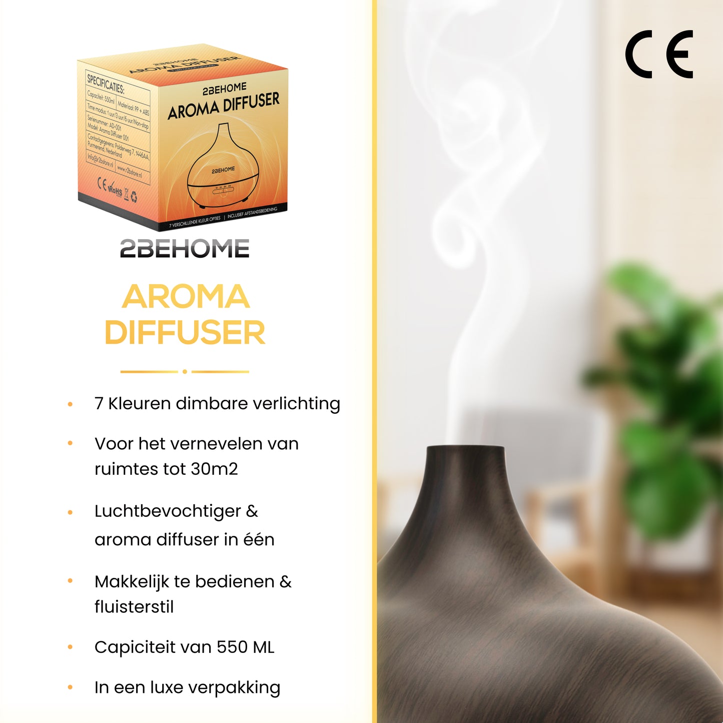 2BEHOME® Aroma Diffuser 550ML met Afstandsbediening - Incl. 2 Etherische Oliën - Donkere houtlook