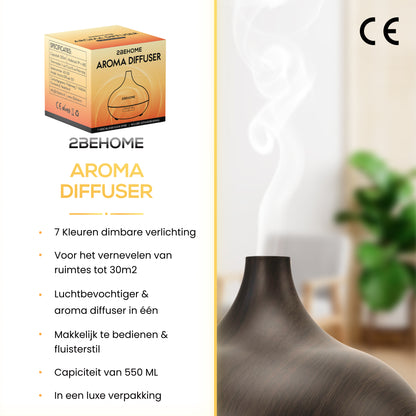 2BEHOME® Aroma Diffuser 550ML met Afstandsbediening - Incl. 2 Etherische Oliën - Donkere houtlook