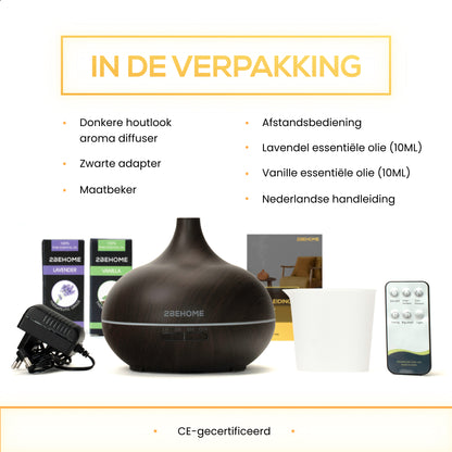 2BEHOME® Aroma Diffuser 550ML met Afstandsbediening - Incl. 2 Etherische Oliën - Donkere houtlook