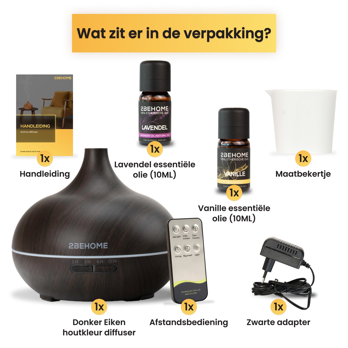 Inhoud verpakking aroma diffuser met etherische oliën en accessoires