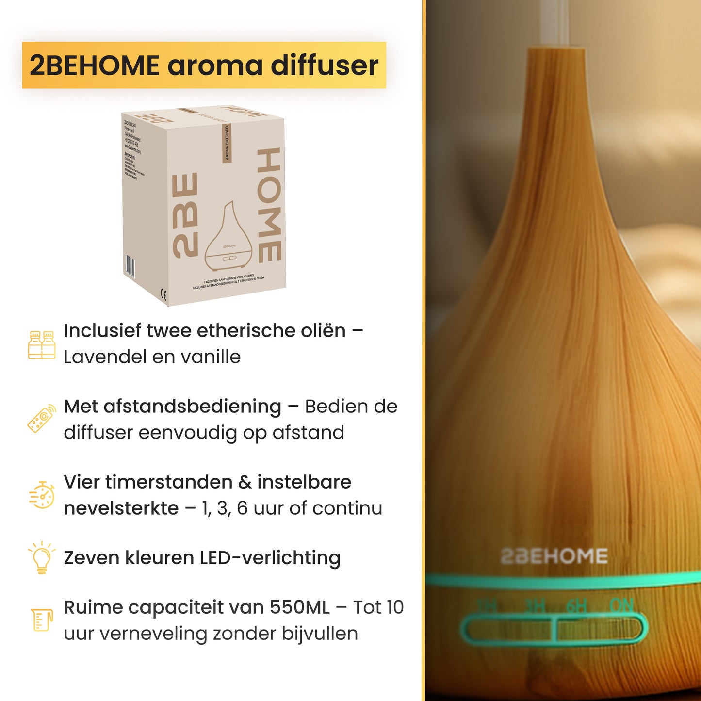 Productdoos aroma diffuser met specificaties en close-up geurverspreider