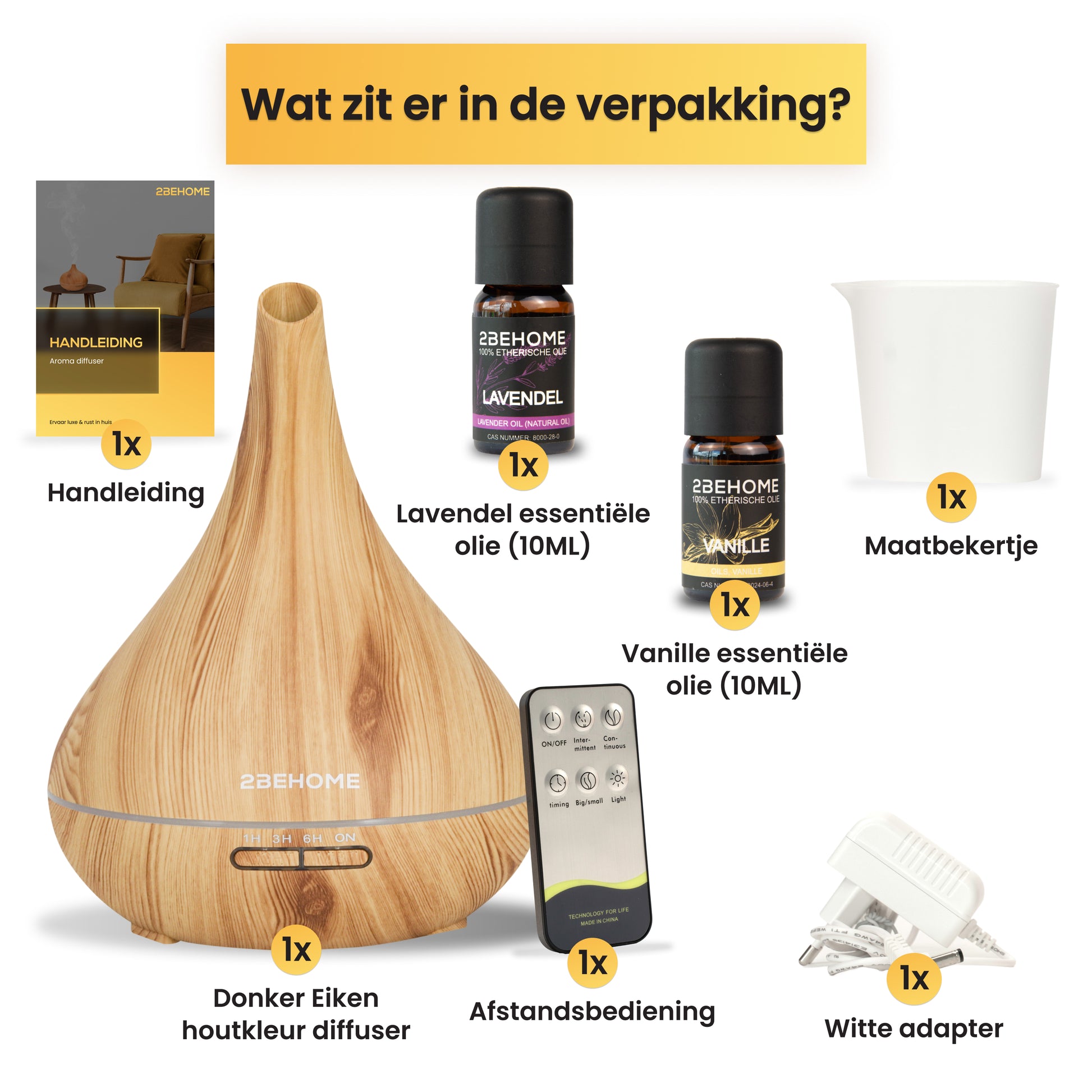 Inhoud verpakking aroma diffuser met etherische oliën en accessoires