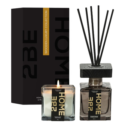 Promotieafbeelding van de 2BEHOME geurkaars en geurstokjes, met visuals van de producten en tekst dat ze ook los verkrijgbaar zijn.