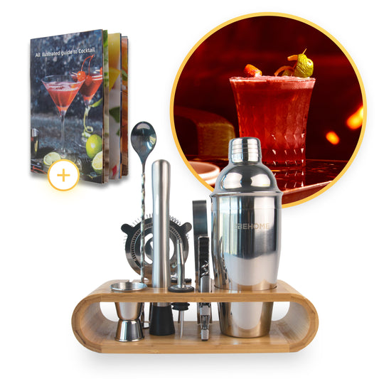 2BEHOME Cocktailset met Houder - Incl. Cocktail Shaker (750ml) & Cocktail Boek met Recepten