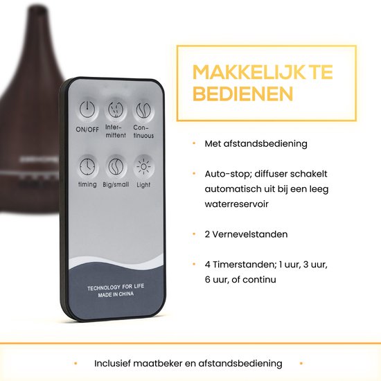 2BEHOME® Aroma Diffuser 550ML met Afstandsbediening - Incl. 16 Etherische Oliën - Donkere Houtlook - 7 LED Kleuren - Aromadiffuser Luchtbevochtiger - Geurverspreider