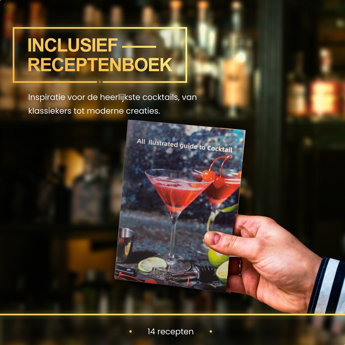 2BEHOME Cocktailset met Houder - Incl. Cocktail Shaker (750ml) & Cocktail Boek met Recepten