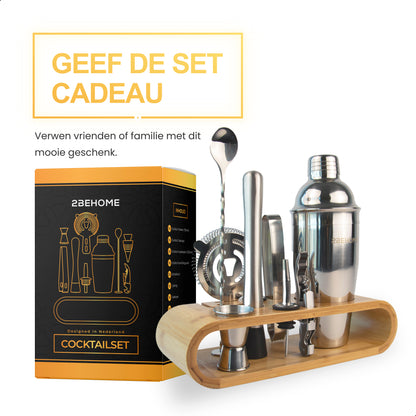 2BEHOME Cocktailset met Houder - Incl. Cocktail Shaker (750ml) & Cocktail Boek met Recepten