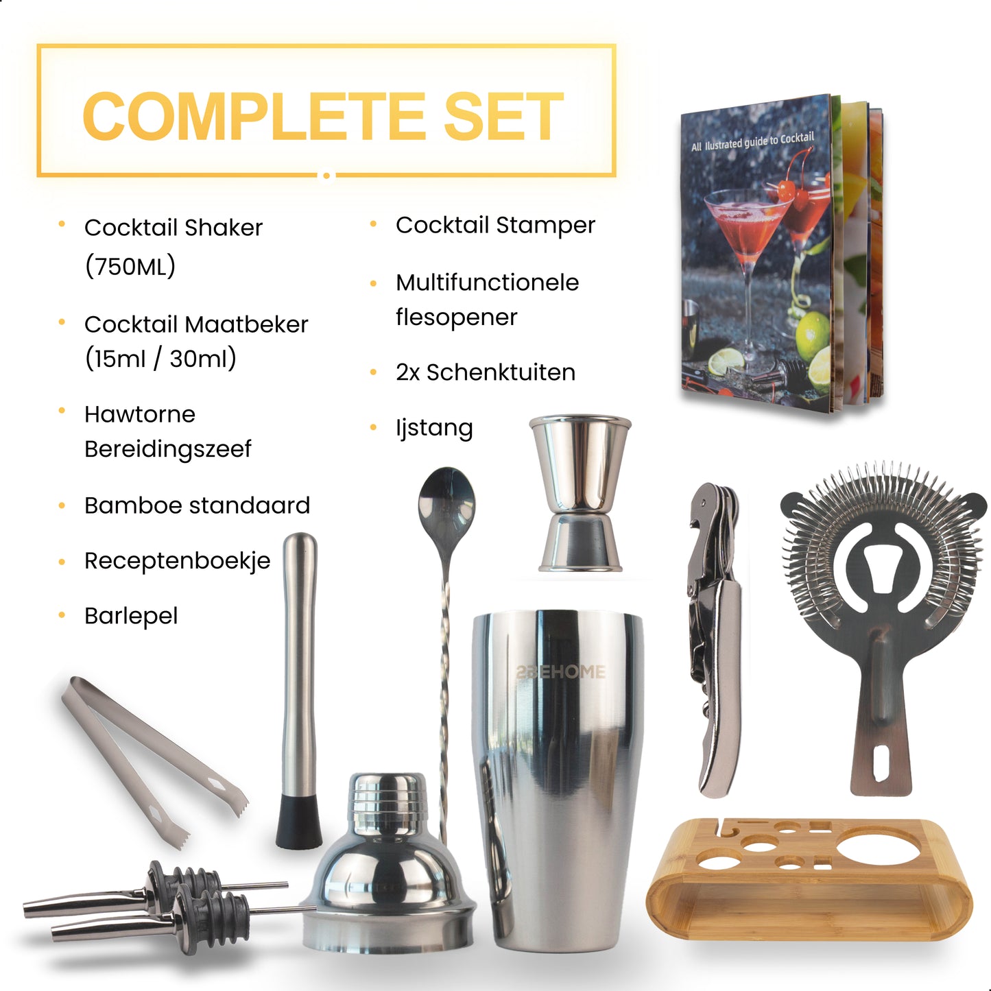 2BEHOME Cocktailset met Houder - Incl. Cocktail Shaker (750ml) & Cocktail Boek met Recepten
