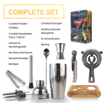 2BEHOME Cocktailset met Houder - Incl. Cocktail Shaker (750ml) & Cocktail Boek met Recepten