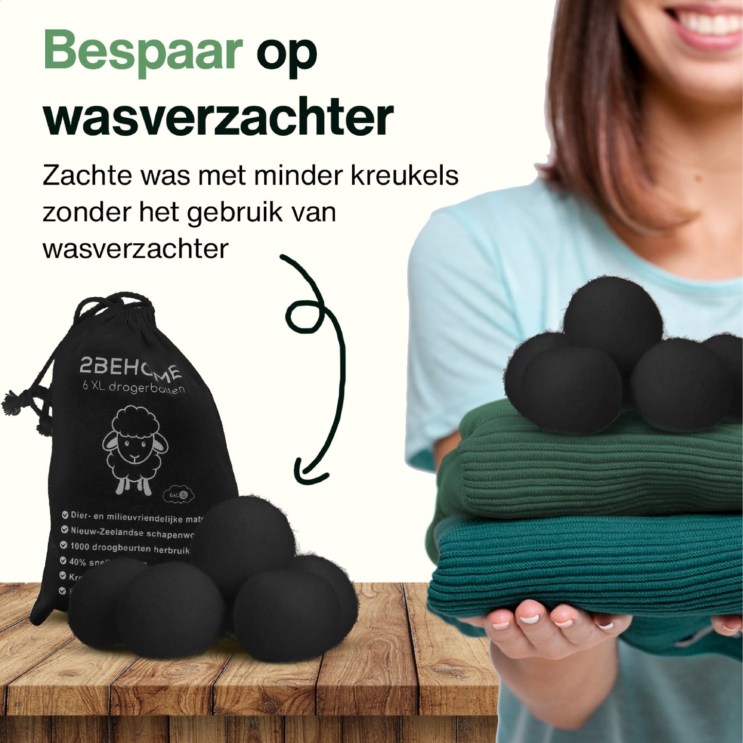 2BEHOME® 6XL Drogerballen Voor Wasdrogers - Wasdrogerballen - Zwart