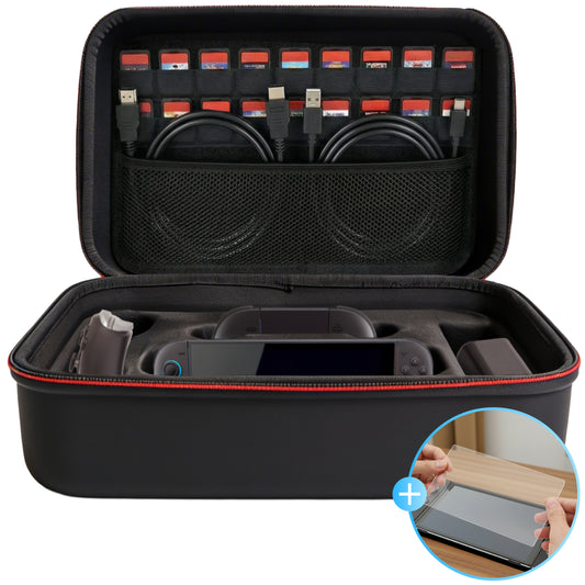 Nintendo Switch 2 hoes groot met ruimte voor console, accessoires en screenprotector