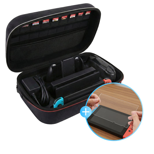 Nintendo Switch hoes groot met ruimte voor dock, accessoires en inbegrepen screenprotector