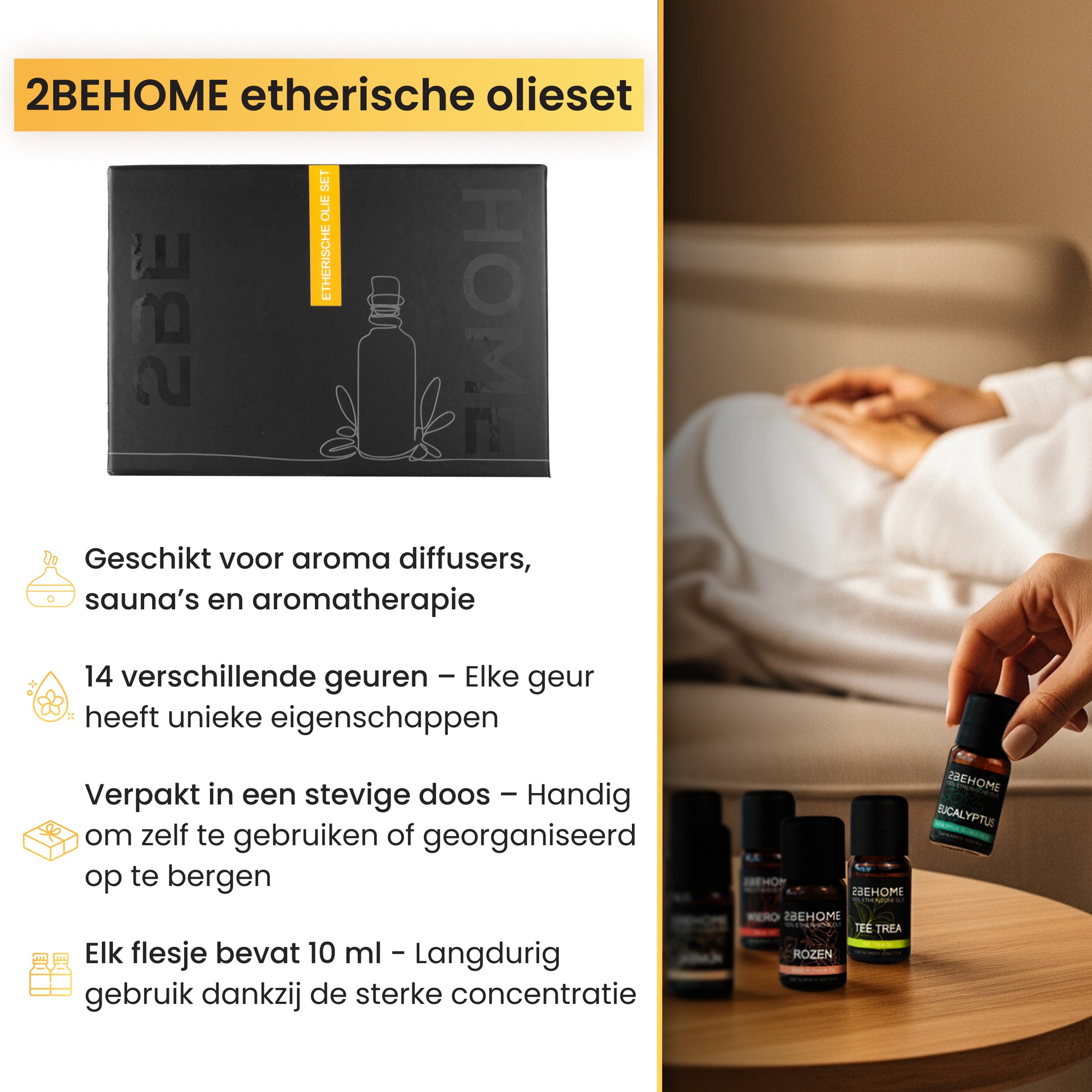 2BEHOME Etherische olieset met alle eigenschappen. Daarnaast een sfeerbeeld van de flesjes olie op tafe. 
