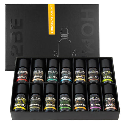 Etherische olie set met 14 flesjes olie in de verpakking. Allemaal verschillende geuren.