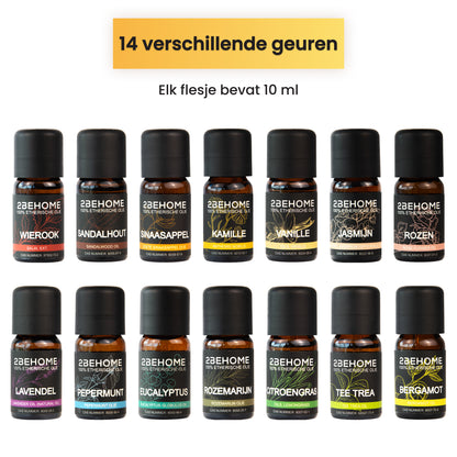 14 verschillende geuren. Elk olieflesje bevat 10 ml olie. je ziet de volgende geuren uitgestald: wierook, sandalhout, sinaasappel, kamille, vanille, jasmijn, rozen, lavendel, pepermunt, eucalyptus, rozemarijn, citroengras, tee trea, bergamot