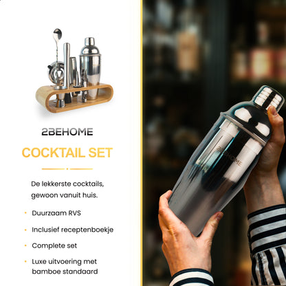 2BEHOME Cocktailset met Houder - Incl. Cocktail Shaker (750ml) & Cocktail Boek met Recepten