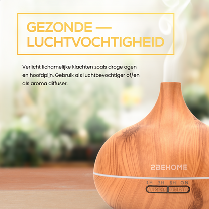 2BEHOME® Aroma Diffuser 550ML met Afstandsbediening - Incl. 16 Etherische Oliën Cadeauset - Lichte houtlook