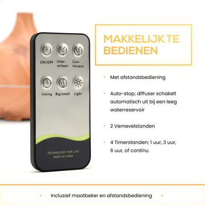 2BEHOME® Aroma Diffuser 550ML met Afstandsbediening - Incl. 16 Etherische Oliën Cadeauset - Lichte houtlook