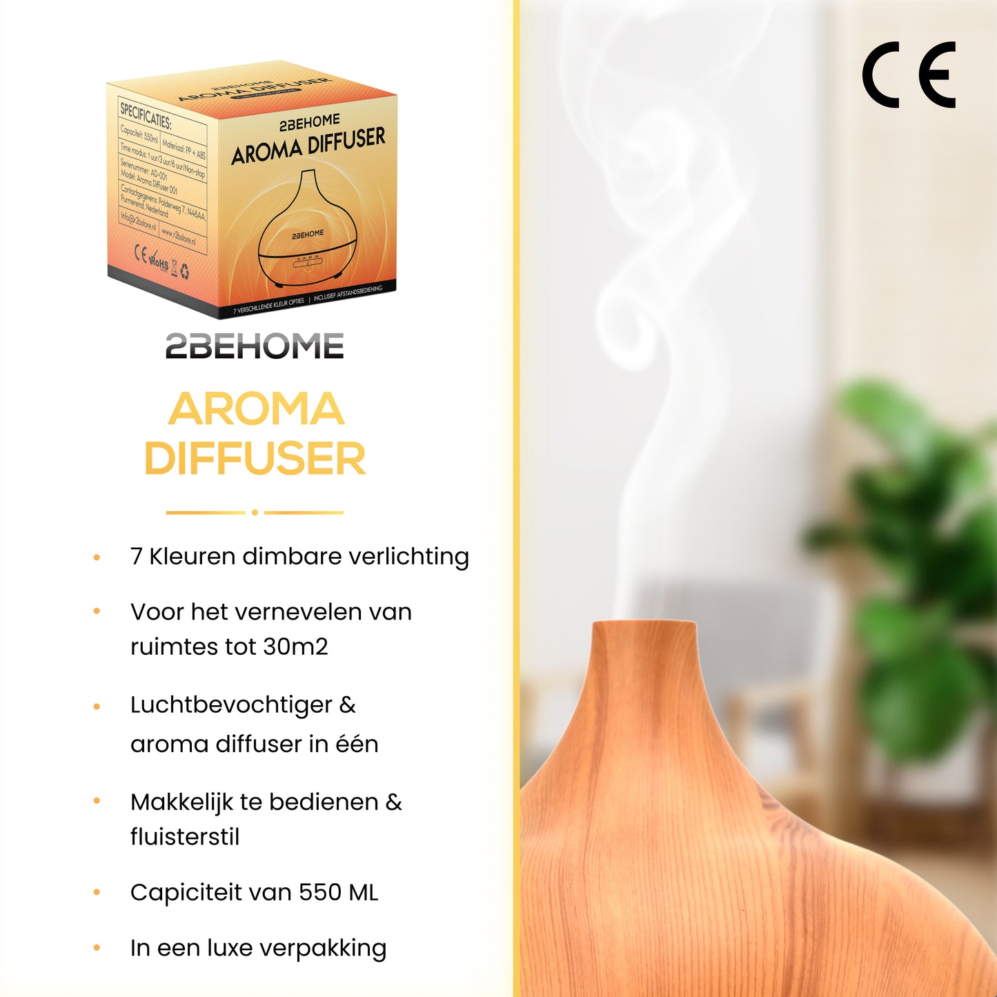 2BEHOME® Aroma Diffuser 550ML met Afstandsbediening - Incl. 16 Etherische Oliën Cadeauset - Lichte houtlook