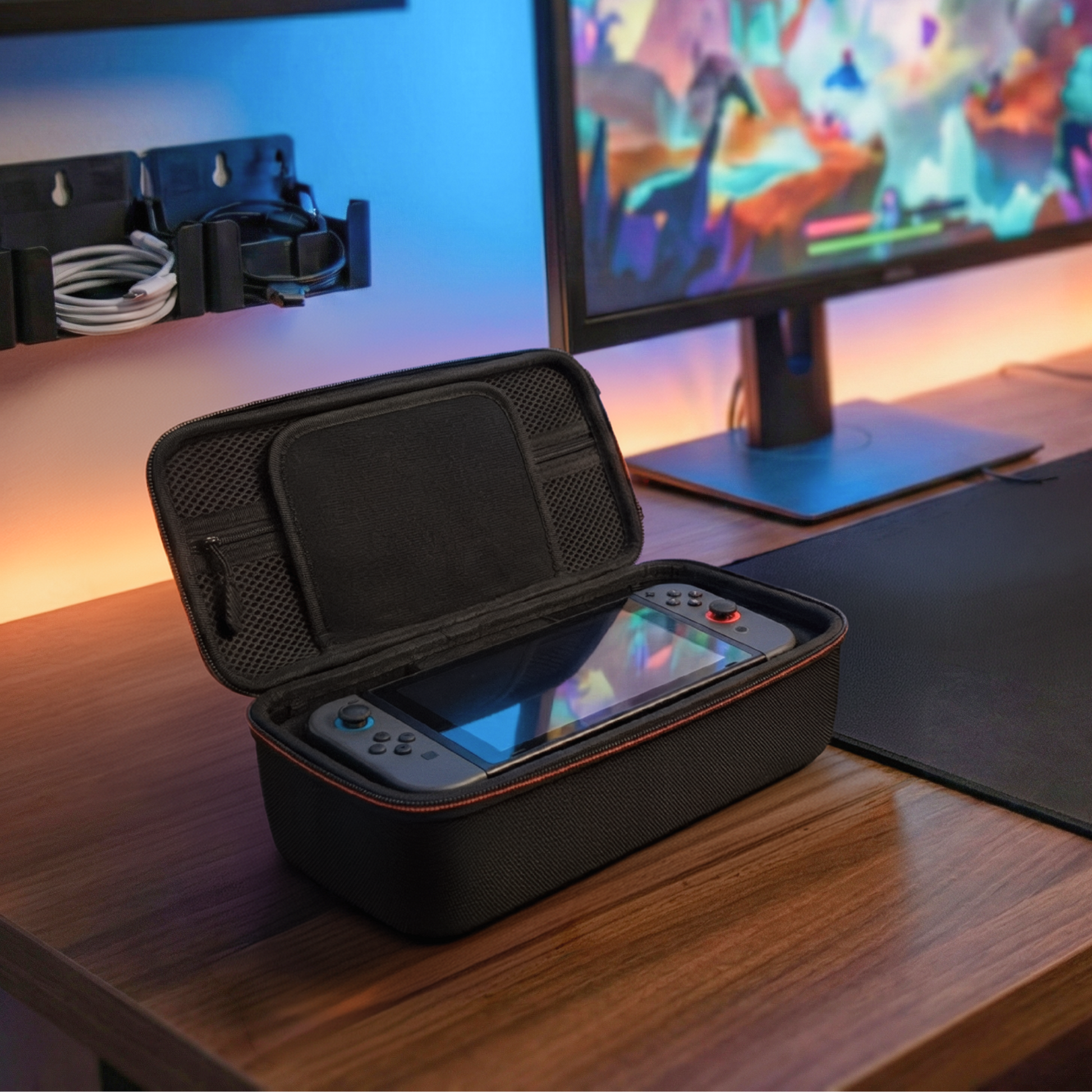 Beschermhoes Nintendo Switch 2 met stevige opbergcase en zachte binnenvoering op bureau naast monitor