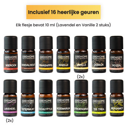 2BEHOME Aroma Diffuser 550ML met Afstandsbediening - Incl. 16 Etherische Oliën - Donkere Houtlook - 7 LED Kleuren - Aromadiffuser Luchtbevochtiger - Geurverspreider