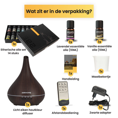 Inhoud verpakking aroma diffuser met etherische oliën set en accessoires