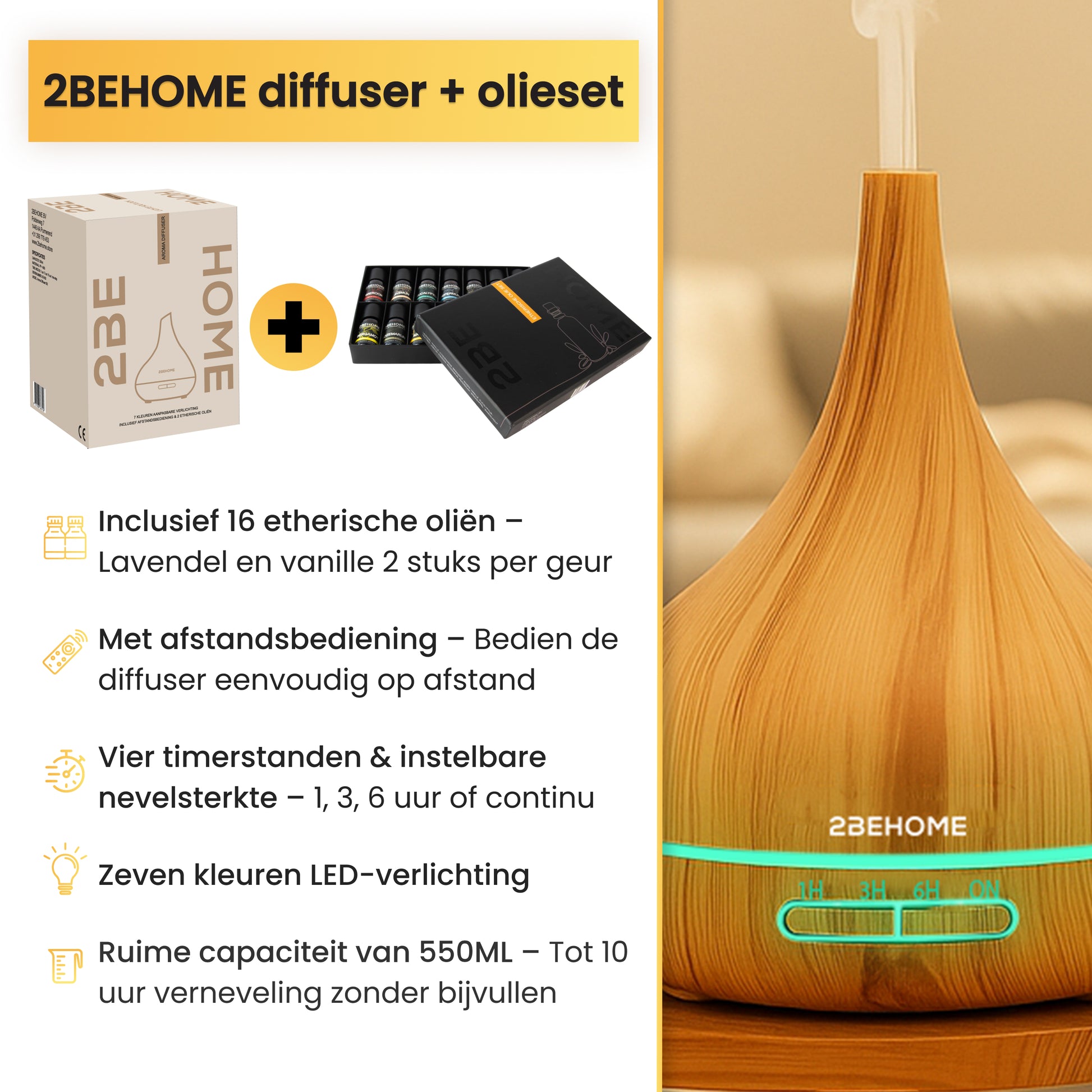 Productdoos aroma diffuser en olieset met specificaties en close-up geurverspreider