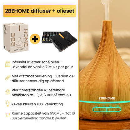 Productdoos aroma diffuser en olieset met specificaties en close-up geurverspreider