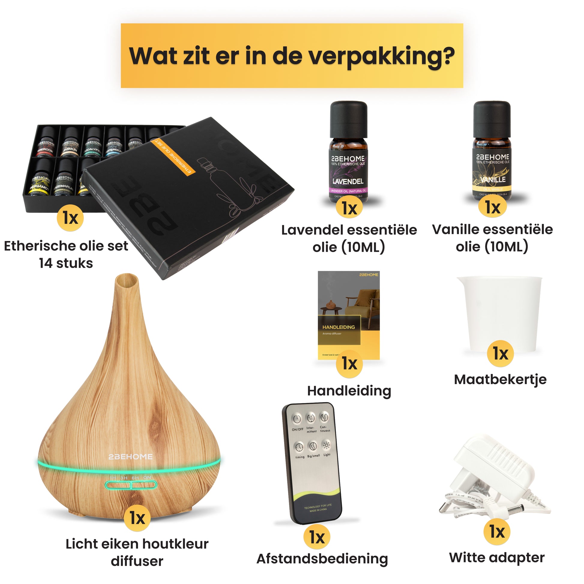 Inhoud verpakking aroma diffuser met etherische oliën set en accessoires