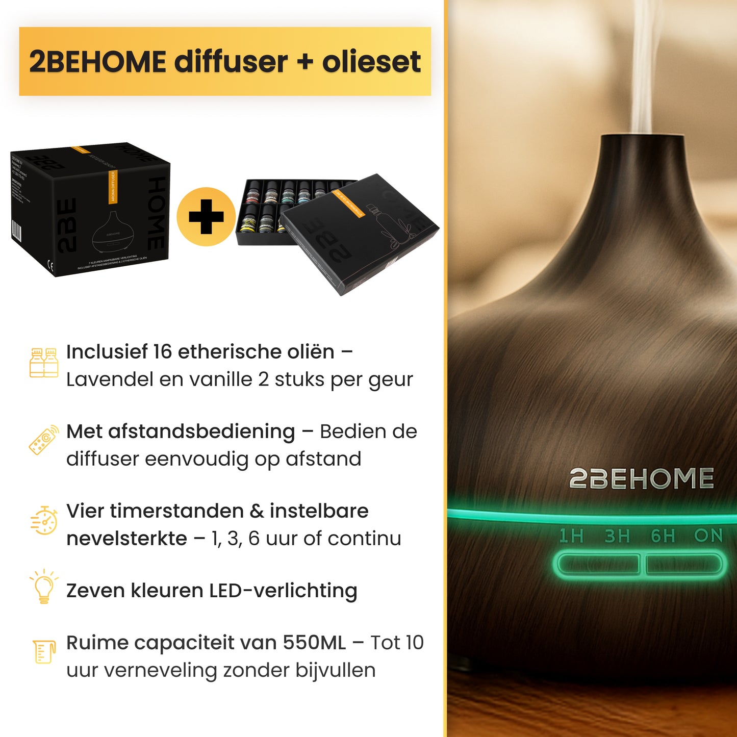 Productdoos aroma diffuser  en olieset met specificaties en close-up geurverspreider