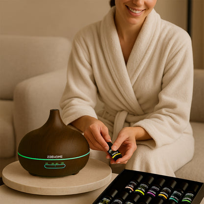 Vrouw in badjas gebruikt 2BEHOME aroma diffuser met houtlook en essentiële olie set – Wellness en aromatherapie voor thuis