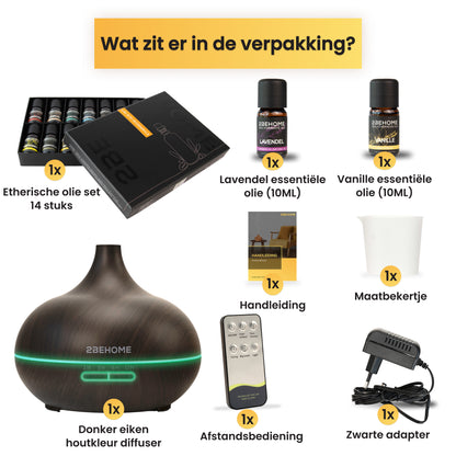 Inhoud verpakking aroma diffuser met etherische oliën set en accessoires