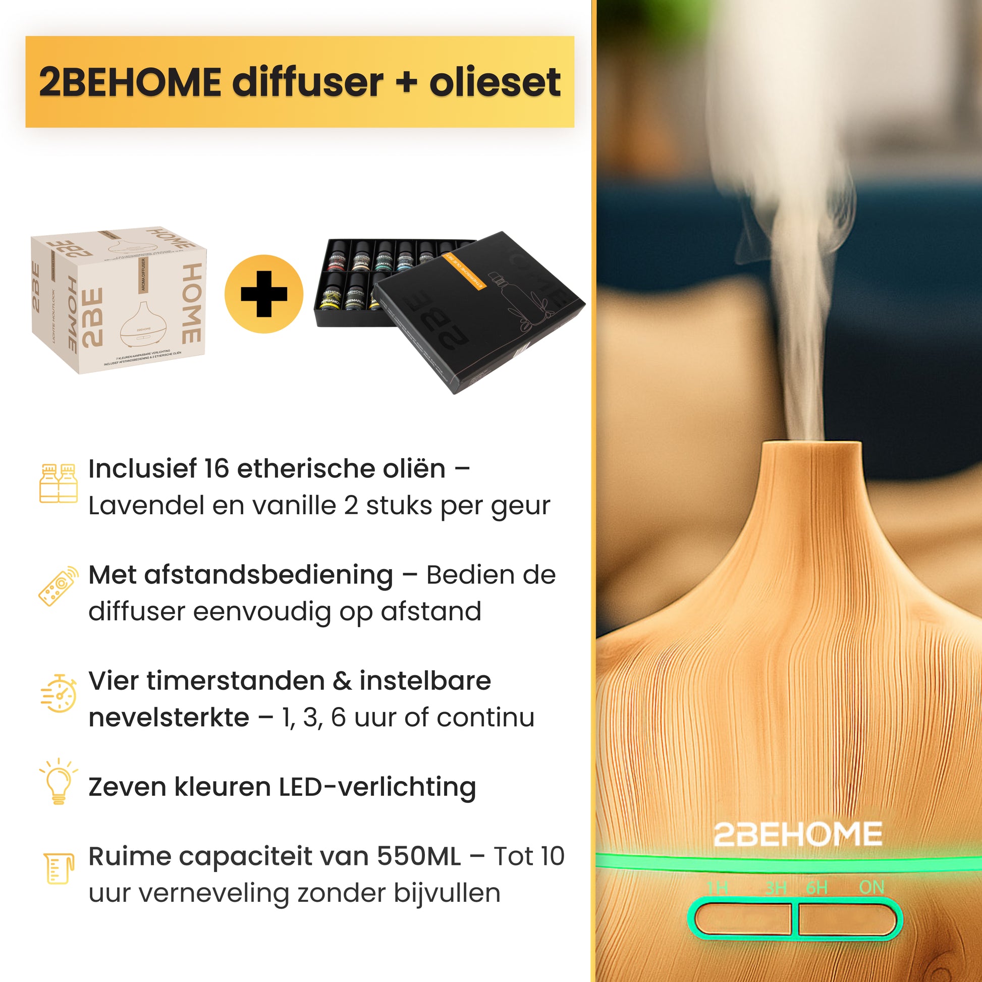 Productdoos aroma diffuser  en olieset met specificaties en close-up geurverspreider