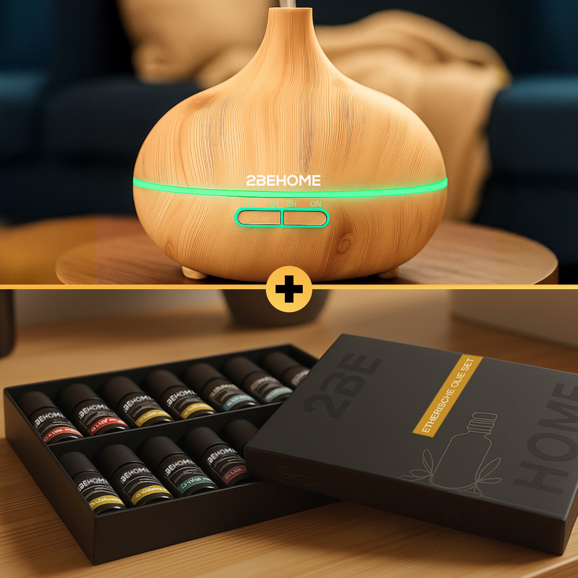 Aroma diffuser geurverspreider in licht en donker eiken houtlook plus etherische olieset